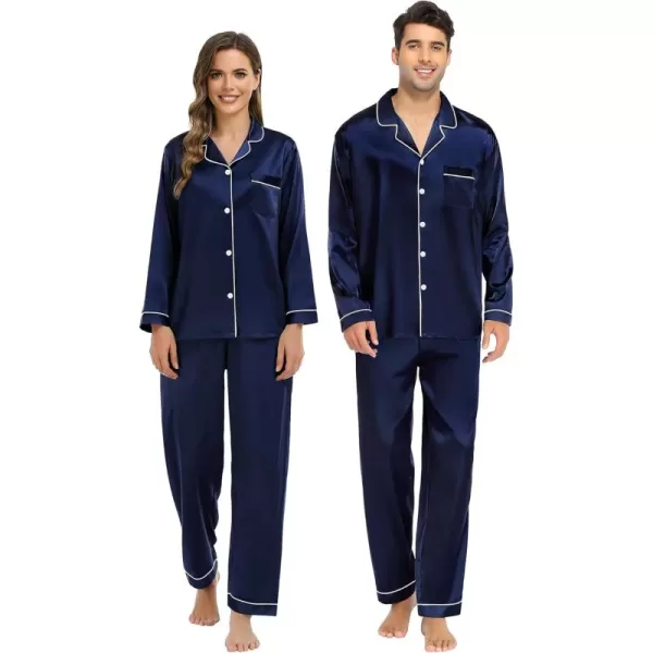 imageSWOMOG Couple Matching Pajamas Set Silk Satin Button Down Sleepwear Long Sleeve Nightwear 2 Pcs Pj SetDeep Navy Blue