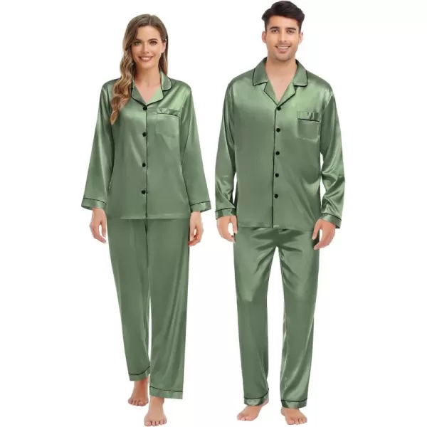 imageSWOMOG Couple Matching Pajamas Set Silk Satin Button Down Sleepwear Long Sleeve Nightwear 2 Pcs Pj SetMatcha