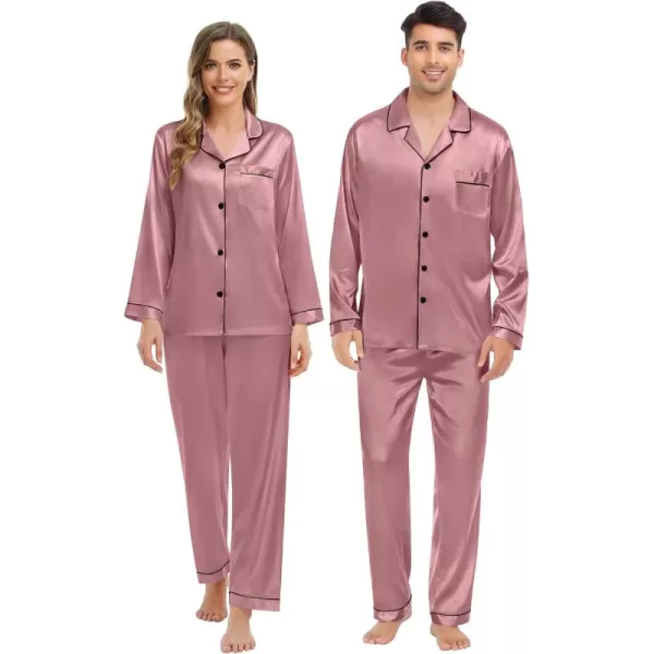 imageSWOMOG Couple Matching Pajamas Set Silk Satin Button Down Sleepwear Long Sleeve Nightwear 2 Pcs Pj SetMisty Rose