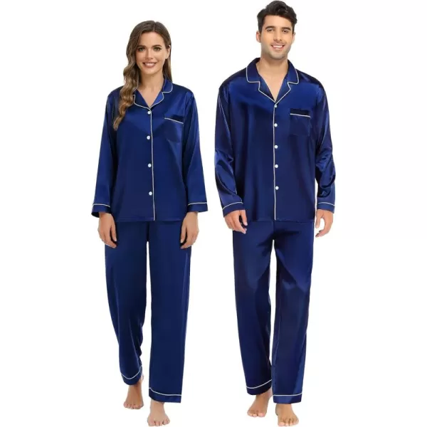 imageSWOMOG Couple Matching Pajamas Set Silk Satin Button Down Sleepwear Long Sleeve Nightwear 2 Pcs Pj SetNavy Blue