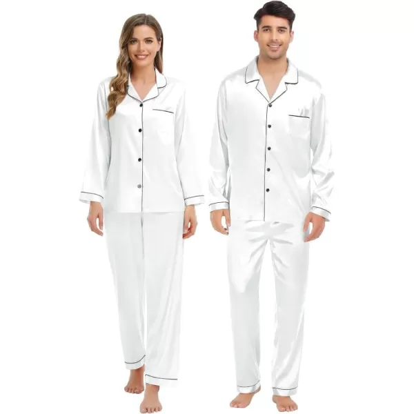 imageSWOMOG Couple Matching Pajamas Set Silk Satin Button Down Sleepwear Long Sleeve Nightwear 2 Pcs Pj SetWhite