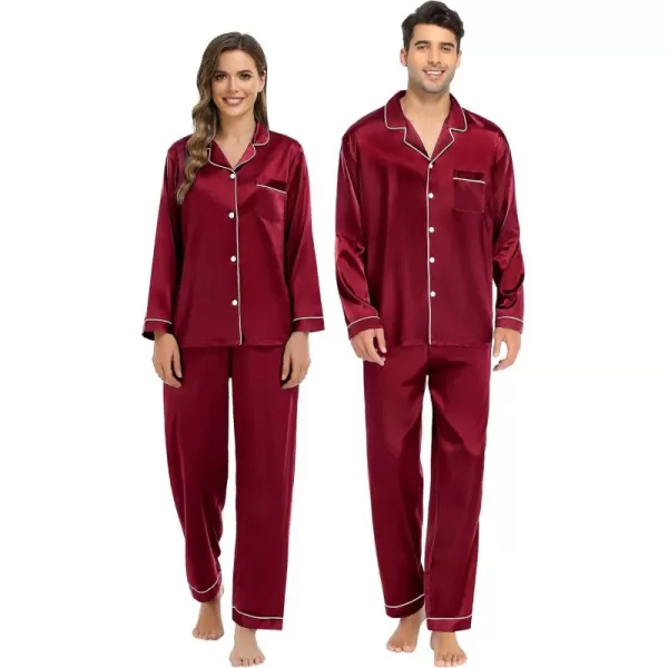 imageSWOMOG Couple Matching Pajamas Set Silk Satin Button Down Sleepwear Long Sleeve Nightwear 2 Pcs Pj SetWine Red