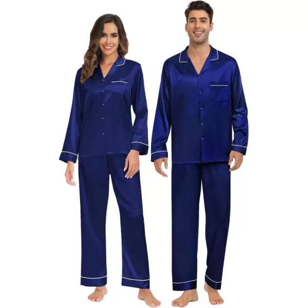 imageSWOMOG Couples Matching Pajamas Set Christmas Family Pajamas Long Sleeve Button Down Pj Set 2Pcs Festival Party SleepwearNavy Blue