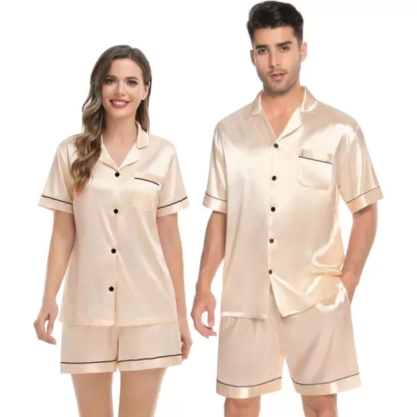 imageSWOMOG Couples Matching Pajamas Set Silk Satin Sleepwear Short Sleeve Button Down Pj Set 2 Pcs LoungewearChampagne