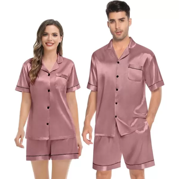 imageSWOMOG Couples Matching Pajamas Set Silk Satin Sleepwear Short Sleeve Button Down Pj Set 2 Pcs LoungewearMisty Rose