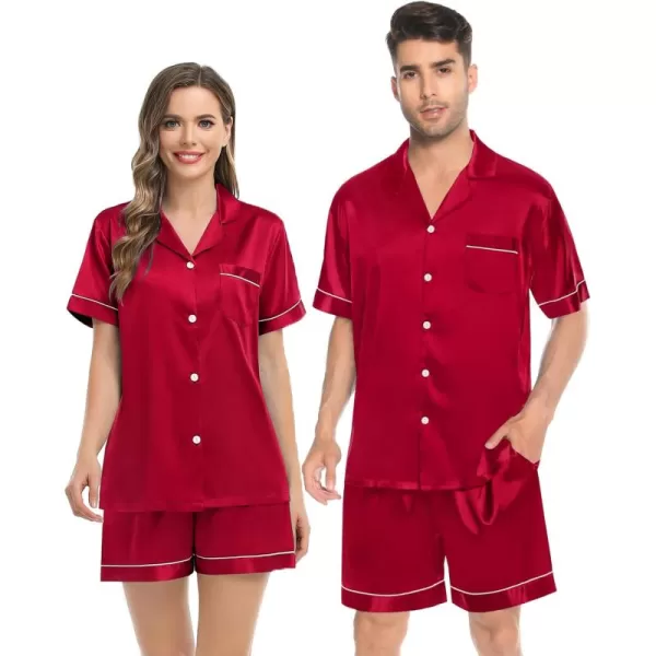 imageSWOMOG Couples Matching Pajamas Set Silk Satin Sleepwear Short Sleeve Button Down Pj Set 2 Pcs LoungewearRed