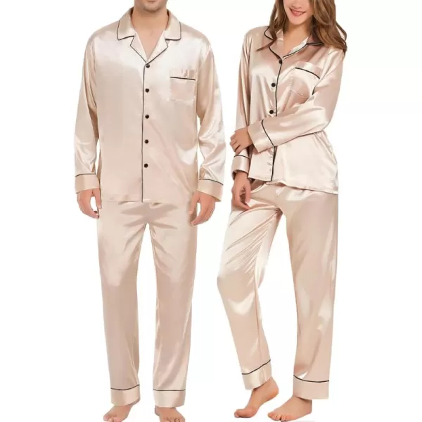 imageSWOMOG Couples Matching Pajamas Sets Women ampamp Men Silk Satin Long Sleeve Button Down Sleepwear 2 Pcs Classic LoungewearChampagne