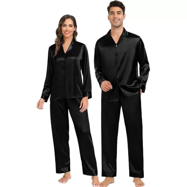 imageSWOMOG Couples Matching Pajamas Sets christmas pjs for family Silk Satin Long Sleeve Sleepwear Soft Button Down Pjs Set SXXLBlack