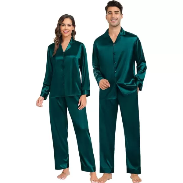 imageSWOMOG Couples Matching Pajamas Sets christmas pjs for family Silk Satin Long Sleeve Sleepwear Soft Button Down Pjs Set SXXLDark Green