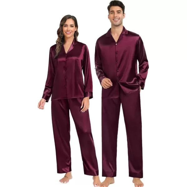 imageSWOMOG Couples Matching Pajamas Sets christmas pjs for family Silk Satin Long Sleeve Sleepwear Soft Button Down Pjs Set SXXLDark Wine Red