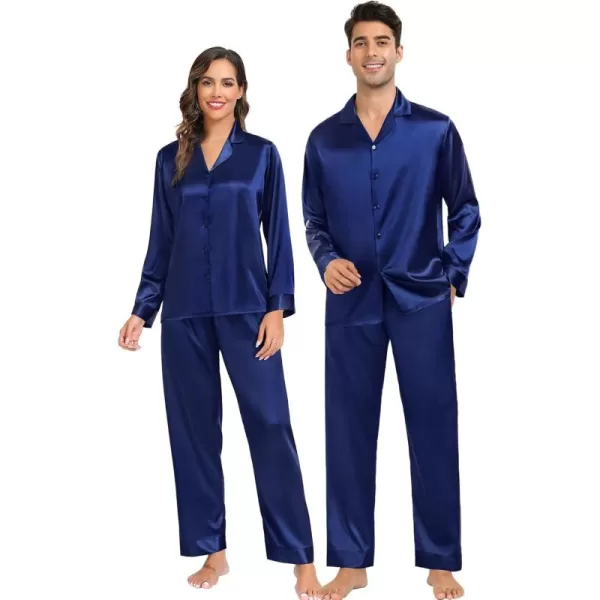 imageSWOMOG Couples Matching Pajamas Sets christmas pjs for family Silk Satin Long Sleeve Sleepwear Soft Button Down Pjs Set SXXLNavy Blue