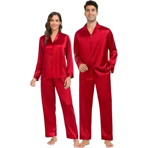 imageSWOMOG Couples Matching Pajamas Sets christmas pjs for family Silk Satin Long Sleeve Sleepwear Soft Button Down Pjs Set SXXLRed