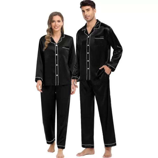 imageSWOMOG Couples Silk Satin Pajamas Sets Women ampamp Men Long Sleeve Sleepwear 2PCS Pjs ButtonDown Loungewear Comfy NightwearBlack