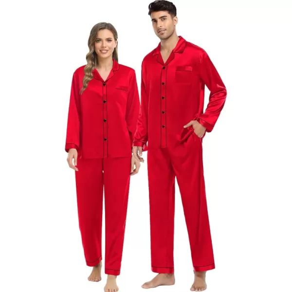 imageSWOMOG Couples Silk Satin Pajamas Sets Women ampamp Men Long Sleeve Sleepwear 2PCS Pjs ButtonDown Loungewear Comfy NightwearCandy Red