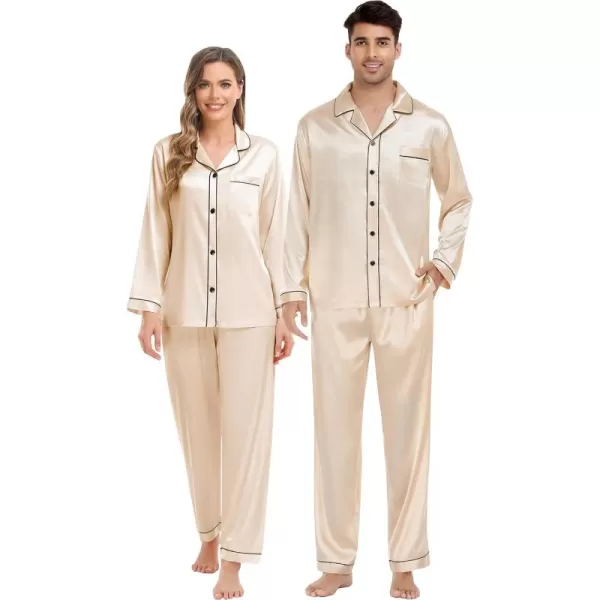 imageSWOMOG Couples Silk Satin Pajamas Sets Women ampamp Men Long Sleeve Sleepwear 2PCS Pjs ButtonDown Loungewear Comfy NightwearChampagne