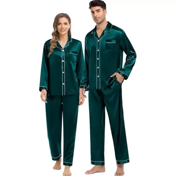 imageSWOMOG Couples Silk Satin Pajamas Sets Women ampamp Men Long Sleeve Sleepwear 2PCS Pjs ButtonDown Loungewear Comfy NightwearDeep Green