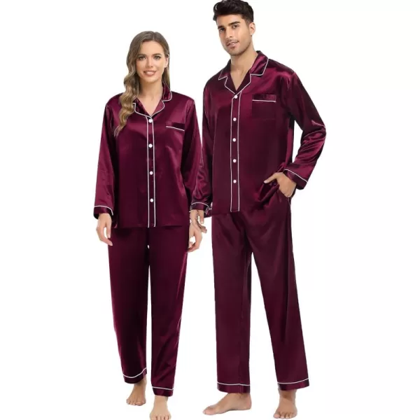 imageSWOMOG Couples Silk Satin Pajamas Sets Women ampamp Men Long Sleeve Sleepwear 2PCS Pjs ButtonDown Loungewear Comfy NightwearDeep Wine Red