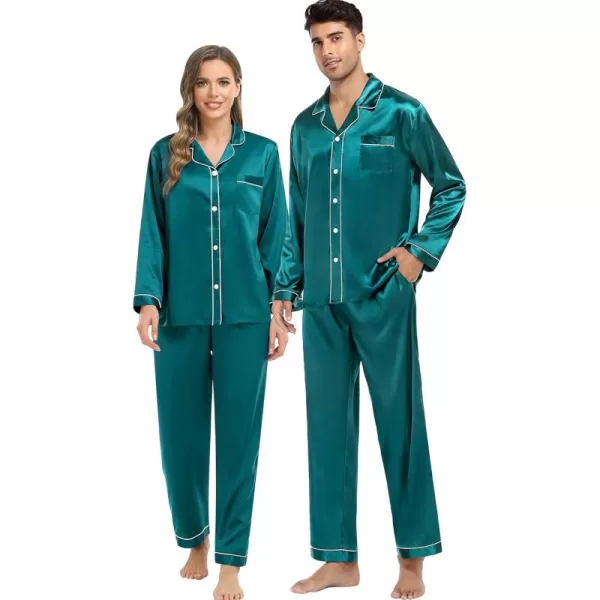 imageSWOMOG Couples Silk Satin Pajamas Sets Women ampamp Men Long Sleeve Sleepwear 2PCS Pjs ButtonDown Loungewear Comfy NightwearGreen