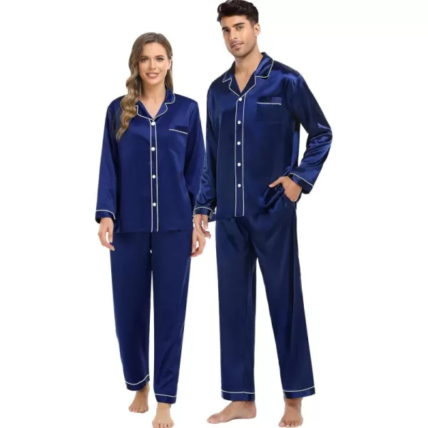 imageSWOMOG Couples Silk Satin Pajamas Sets Women ampamp Men Long Sleeve Sleepwear 2PCS Pjs ButtonDown Loungewear Comfy NightwearNavy Blue