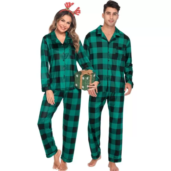 imageSWOMOG Matching Couple Christmas Pajamas Set Long Sleeve Festival Party Pj Set ButtonDown SleepwearBig Green Plaid