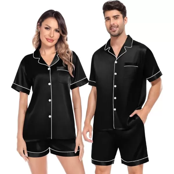 imageSWOMOG Satin Matching Pajamas Sets Couple Silk Button Down Nightwear Women ampamp Men Short Sleeve Sleepwear 2 Pieces LoungewearBlackmen