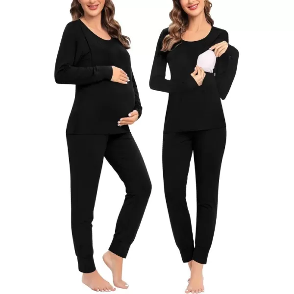 imageSWOMOG Women Maternity ampamp Nursing Thermal Underwear Set Postpartum Pajamas Breastfeeding Long Sleeve Base Layer Pregnant PjsBlack