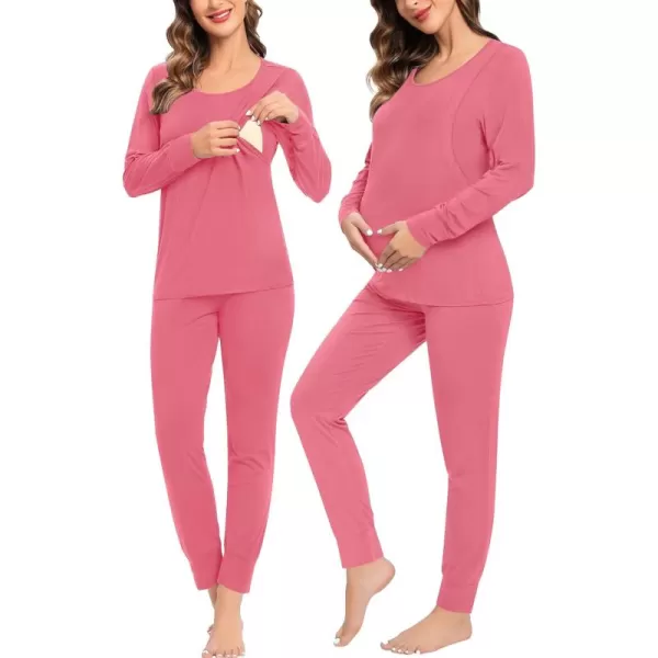 imageSWOMOG Women Maternity ampamp Nursing Thermal Underwear Set Postpartum Pajamas Breastfeeding Long Sleeve Base Layer Pregnant PjsCoral