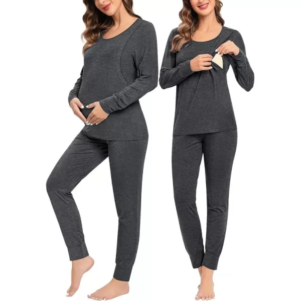 imageSWOMOG Women Maternity ampamp Nursing Thermal Underwear Set Postpartum Pajamas Breastfeeding Long Sleeve Base Layer Pregnant PjsDeep Grey