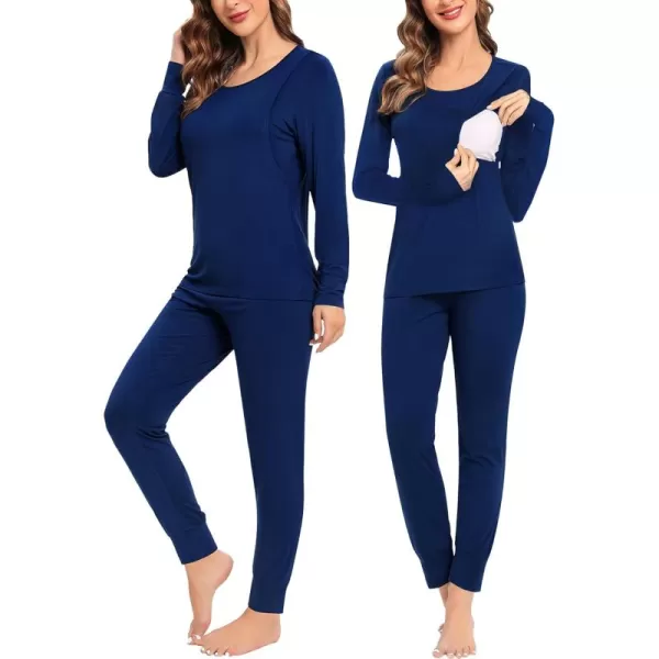 imageSWOMOG Women Maternity ampamp Nursing Thermal Underwear Set Postpartum Pajamas Breastfeeding Long Sleeve Base Layer Pregnant PjsNavy Blue