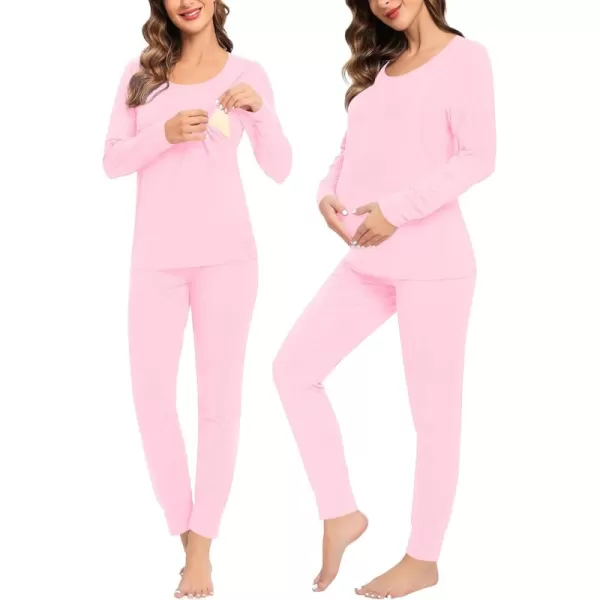 imageSWOMOG Women Maternity ampamp Nursing Thermal Underwear Set Postpartum Pajamas Breastfeeding Long Sleeve Base Layer Pregnant PjsPink