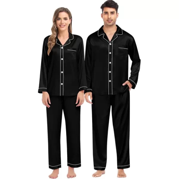 imageSWOMOG Women ampamp Men Satin Pajamas Set Couple Matching Pajamas Long Sleeve Sleepwear Button Down Loungewear 2 Pcs Pj SetBlack