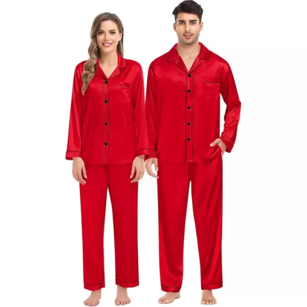 imageSWOMOG Women ampamp Men Satin Pajamas Set Couple Matching Pajamas Long Sleeve Sleepwear Button Down Loungewear 2 Pcs Pj SetCandy Red