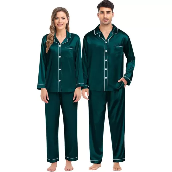 imageSWOMOG Women ampamp Men Satin Pajamas Set Couple Matching Pajamas Long Sleeve Sleepwear Button Down Loungewear 2 Pcs Pj SetDeep Green