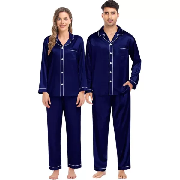 imageSWOMOG Women ampamp Men Satin Pajamas Set Couple Matching Pajamas Long Sleeve Sleepwear Button Down Loungewear 2 Pcs Pj SetDeep Navy Blue