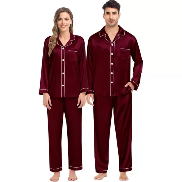 imageSWOMOG Women ampamp Men Satin Pajamas Set Couple Matching Pajamas Long Sleeve Sleepwear Button Down Loungewear 2 Pcs Pj SetDeep Wine Red