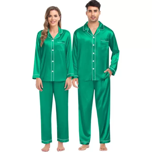 imageSWOMOG Women ampamp Men Satin Pajamas Set Couple Matching Pajamas Long Sleeve Sleepwear Button Down Loungewear 2 Pcs Pj SetEmerald Green