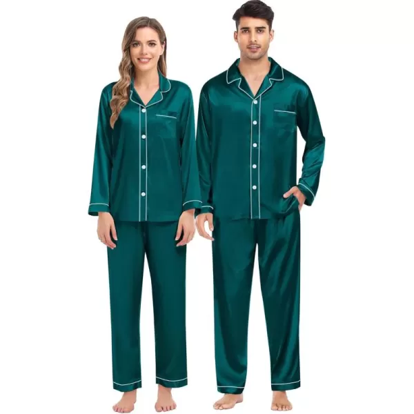 imageSWOMOG Women ampamp Men Satin Pajamas Set Couple Matching Pajamas Long Sleeve Sleepwear Button Down Loungewear 2 Pcs Pj SetGreen