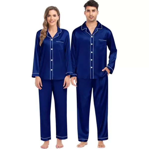 imageSWOMOG Women ampamp Men Satin Pajamas Set Couple Matching Pajamas Long Sleeve Sleepwear Button Down Loungewear 2 Pcs Pj SetNavy Blue