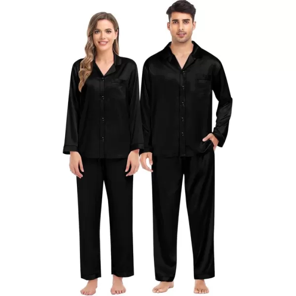 imageSWOMOG Women ampamp Men Satin Pajamas Set Couple Matching Pajamas Long Sleeve Sleepwear Button Down Loungewear 2 Pcs Pj SetPure Black