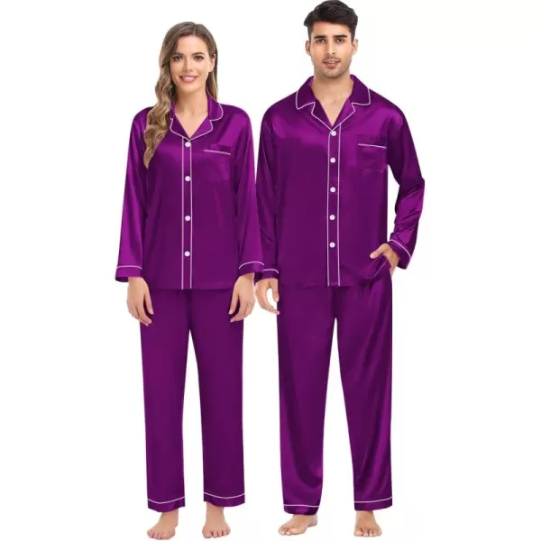 imageSWOMOG Women ampamp Men Satin Pajamas Set Couple Matching Pajamas Long Sleeve Sleepwear Button Down Loungewear 2 Pcs Pj SetPurple