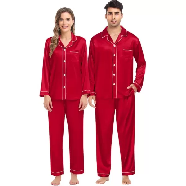 imageSWOMOG Women ampamp Men Satin Pajamas Set Couple Matching Pajamas Long Sleeve Sleepwear Button Down Loungewear 2 Pcs Pj SetRed