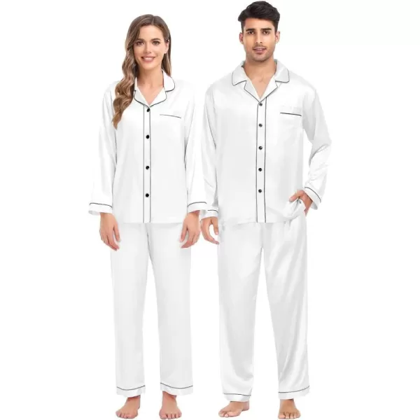 imageSWOMOG Women ampamp Men Satin Pajamas Set Couple Matching Pajamas Long Sleeve Sleepwear Button Down Loungewear 2 Pcs Pj SetWhite