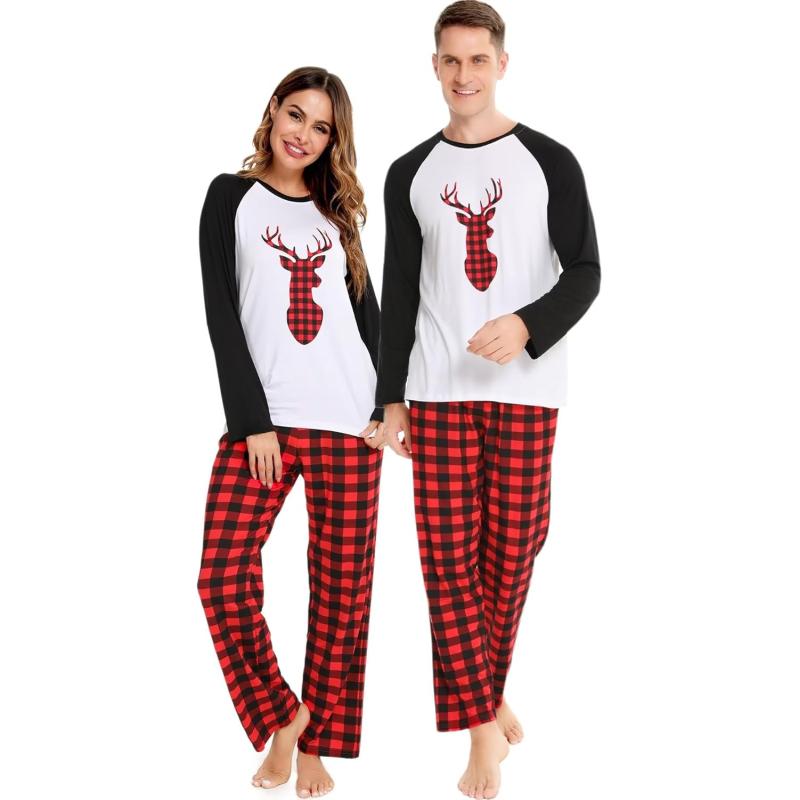 imageSWOMOG Matching Couples Christmas Pajamas Set Women ampamp Men Printed Long Sleeve Pjs Top and Plaid Pants LoungewearChristmas Deer