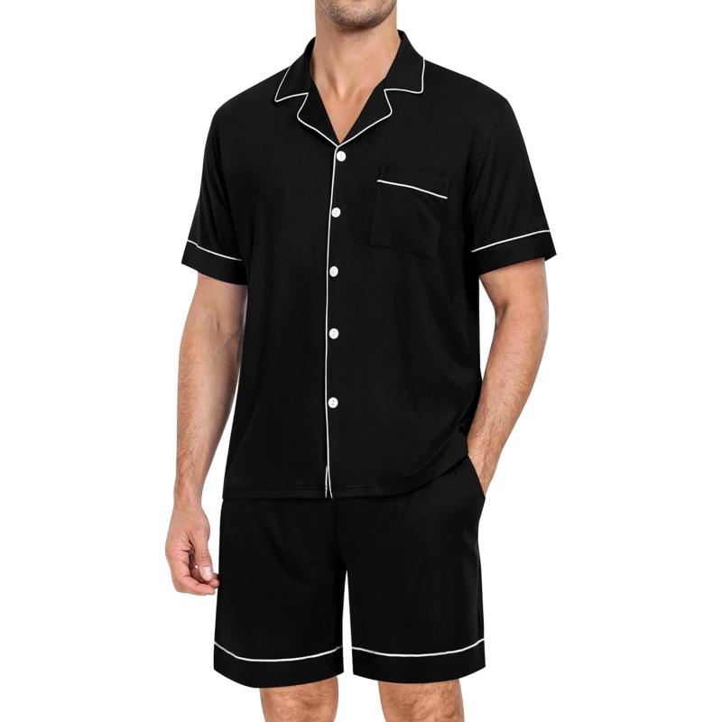 imageSWOMOG Mens Pajama Set Short Sleeve 2 PCS Sleepwear Button Down Soft Loungewear Modal Set Pj Set with Pockets S3XLBlack