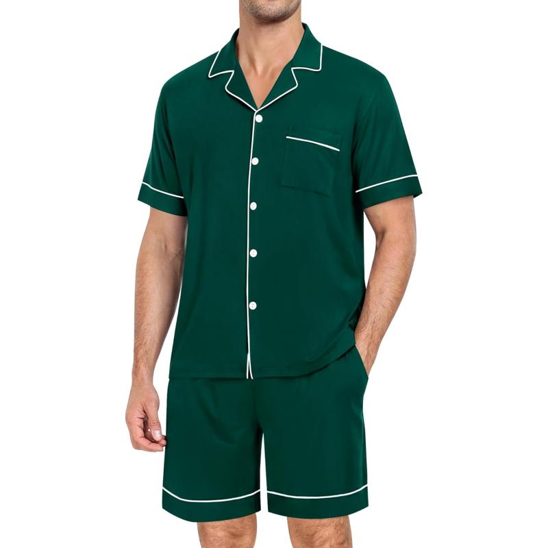 imageSWOMOG Mens Pajama Set Short Sleeve 2 PCS Sleepwear Button Down Soft Loungewear Modal Set Pj Set with Pockets S3XLChristmas Green