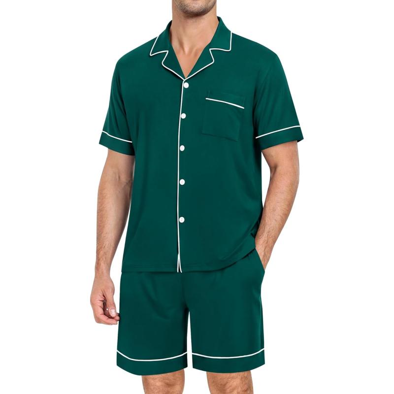 imageSWOMOG Mens Pajama Set Short Sleeve 2 PCS Sleepwear Button Down Soft Loungewear Modal Set Pj Set with Pockets S3XLGreen