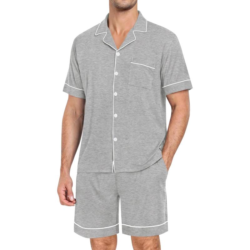 imageSWOMOG Mens Pajama Set Short Sleeve 2 PCS Sleepwear Button Down Soft Loungewear Modal Set Pj Set with Pockets S3XLGrey