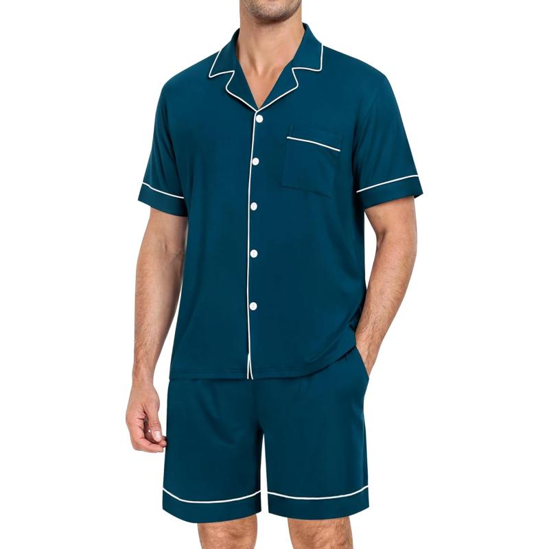imageSWOMOG Mens Pajama Set Short Sleeve 2 PCS Sleepwear Button Down Soft Loungewear Modal Set Pj Set with Pockets S3XLOxford Blue