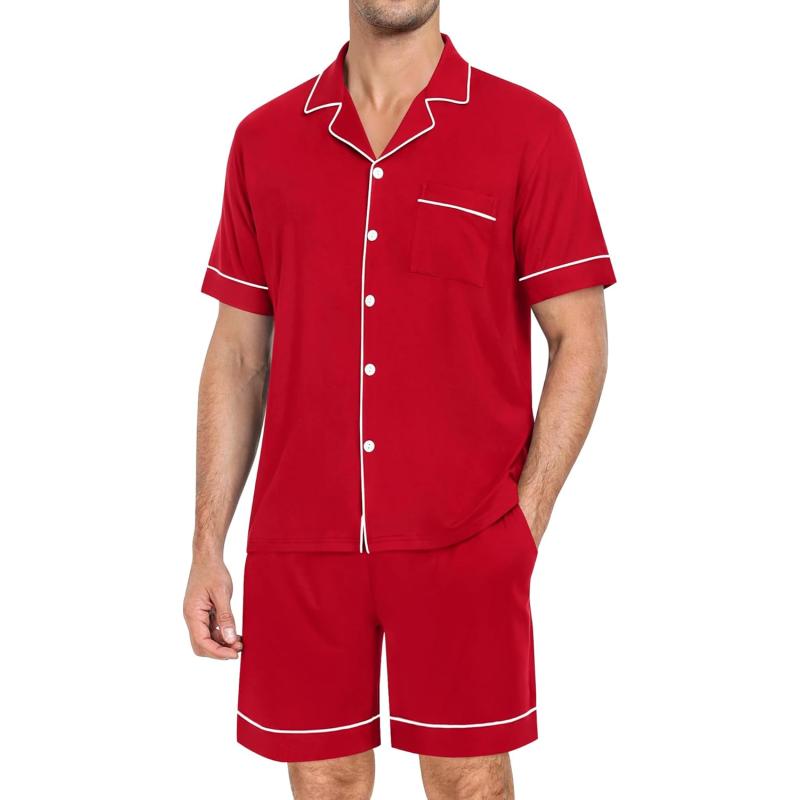 imageSWOMOG Mens Pajama Set Short Sleeve 2 PCS Sleepwear Button Down Soft Loungewear Modal Set Pj Set with Pockets S3XLRed