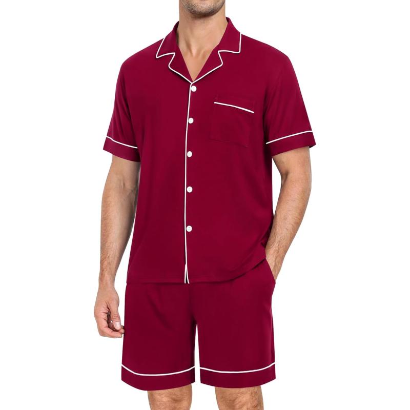 imageSWOMOG Mens Pajama Set Short Sleeve 2 PCS Sleepwear Button Down Soft Loungewear Modal Set Pj Set with Pockets S3XLWine Red